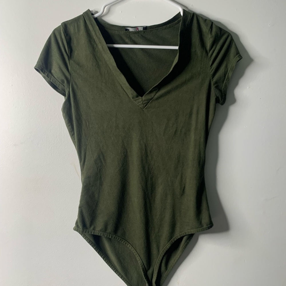 Dark Green V-neck Suede Material Bodysuite